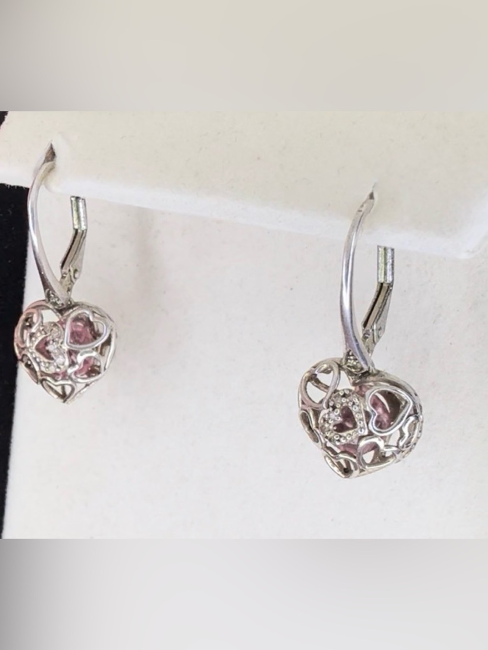 Silver Heart Drop Earrings with Pink Accent Stone